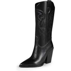 Isnom Womens Size 7 Black Embroidered Faux Leather Wide Calf Cowboy Boots